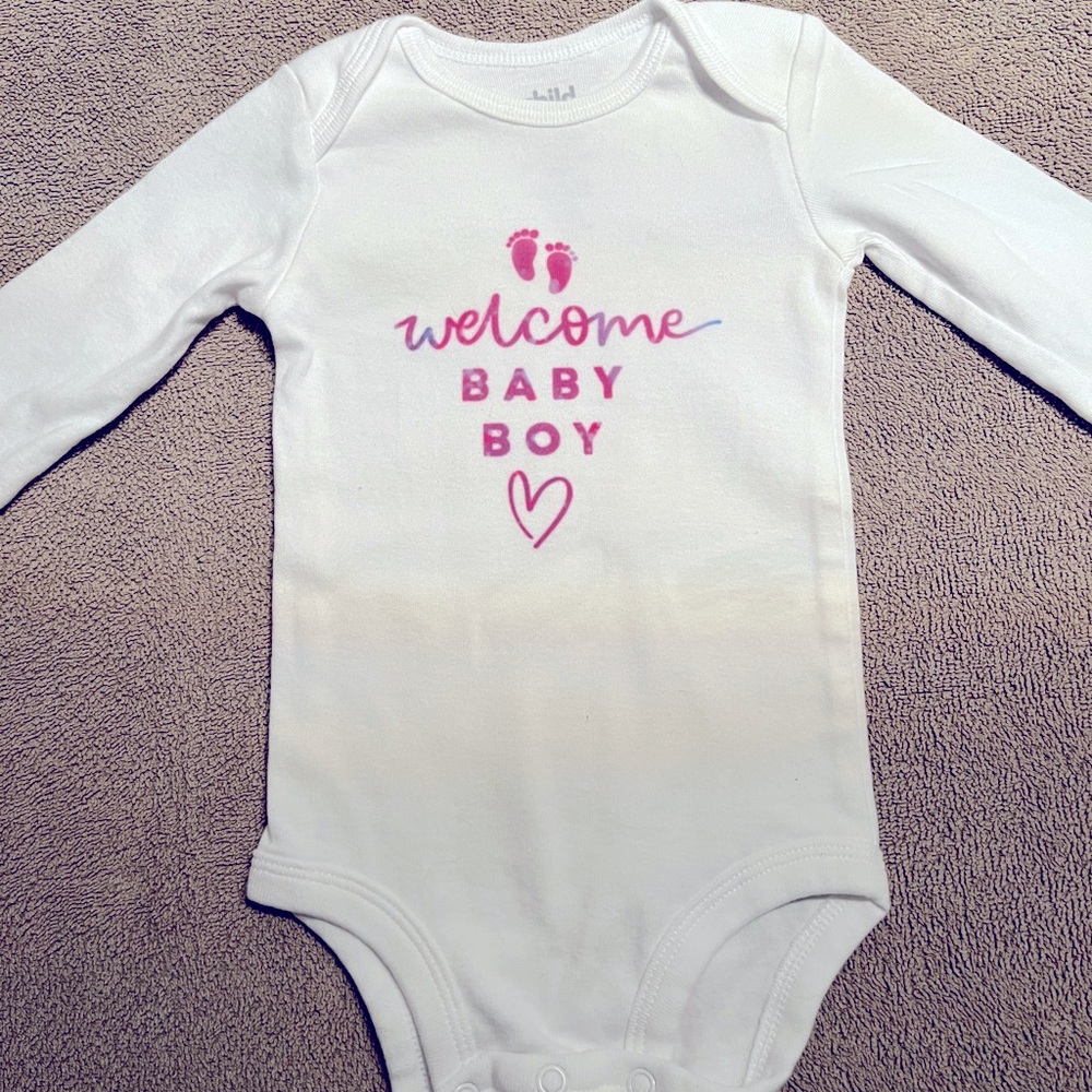 Carter’s homemade baby onesie. Welcome Boy. Long sleeved.